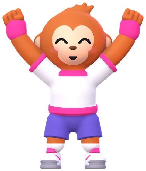 Obie cheers with both fists in the air, in a white ringer tee with pink trim and purple shorts.