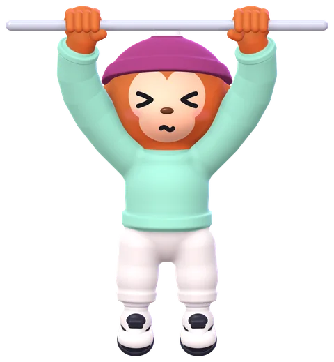 Obie lowers itself slowly from the bar, eyes squeezed shut, in a berry beanie and a mint long sleeve.
