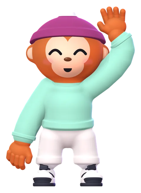Obie waves in a berry beanie, a mint long-sleeve top and cream joggers.