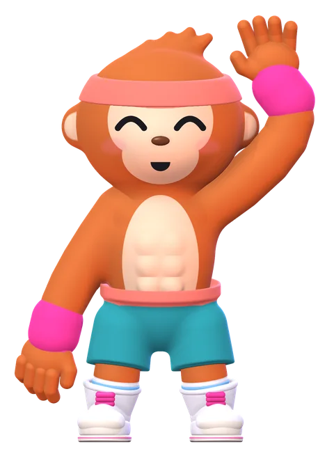 Obie waves with no top on, showing its own six-pack, in teal shorts and a coral headband.