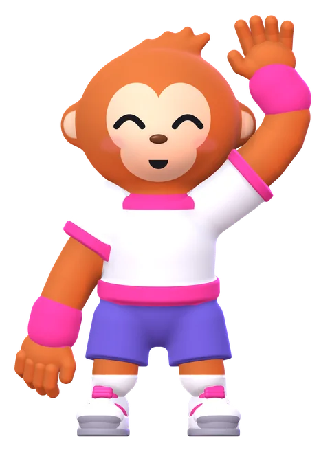 Obie waves in its starter look: a white ringer tee with pink trim, purple shorts, pink wristbands and white sneakers.