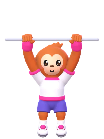 Obie hangs from the bar with straight arms, feet off the floor.